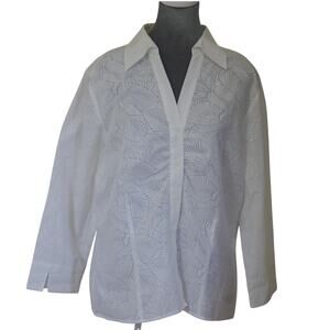 Talbots White Textured Button Down Blouse Women's 16 3/4 Sleeve Cotton Blend